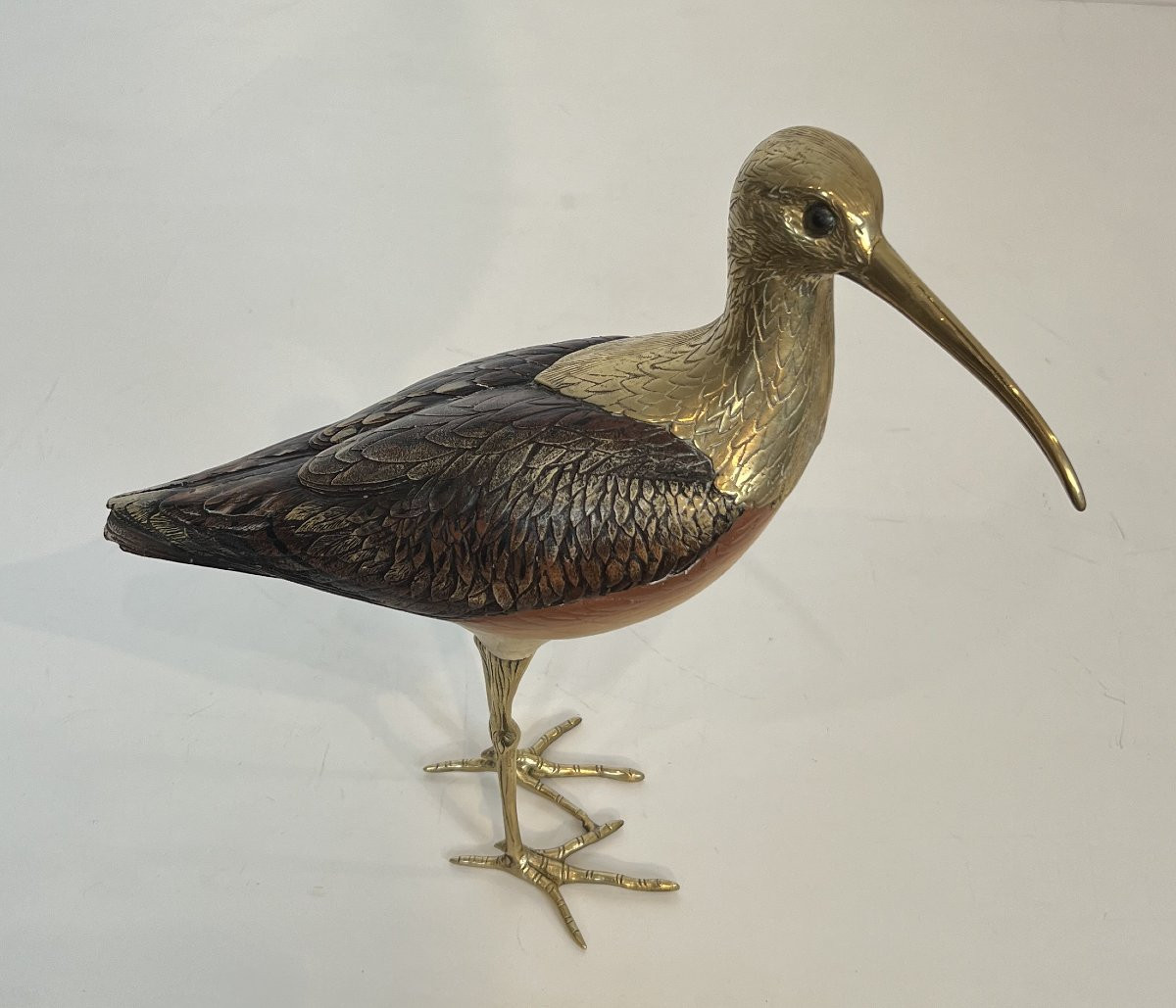 Sculpture Représentant Un Oiseau En Bois Polychrome Et Laiton. Travail Italien Signé. Vers 1970-photo-2