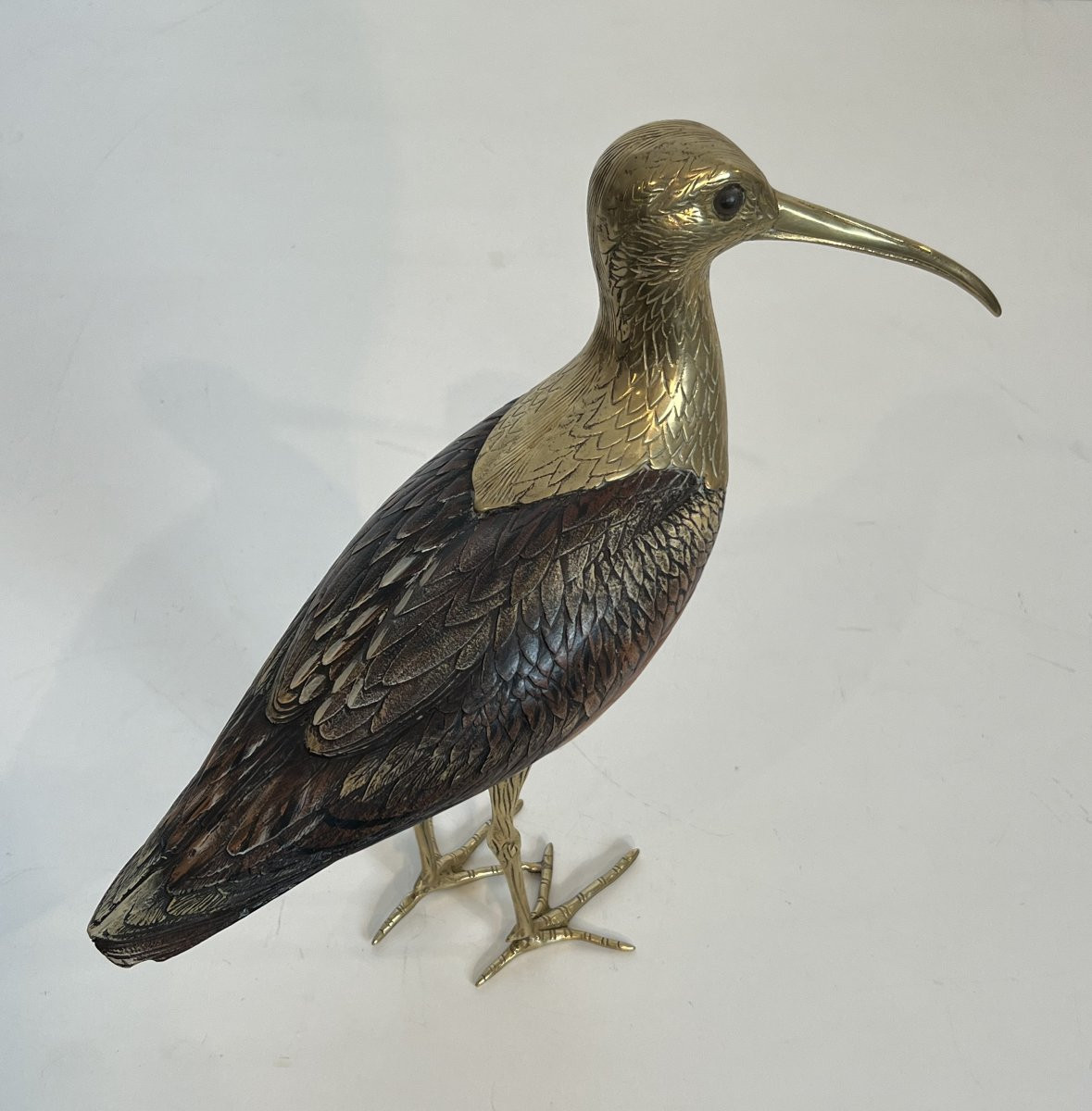Sculpture Représentant Un Oiseau En Bois Polychrome Et Laiton. Travail Italien Signé. Vers 1970-photo-3