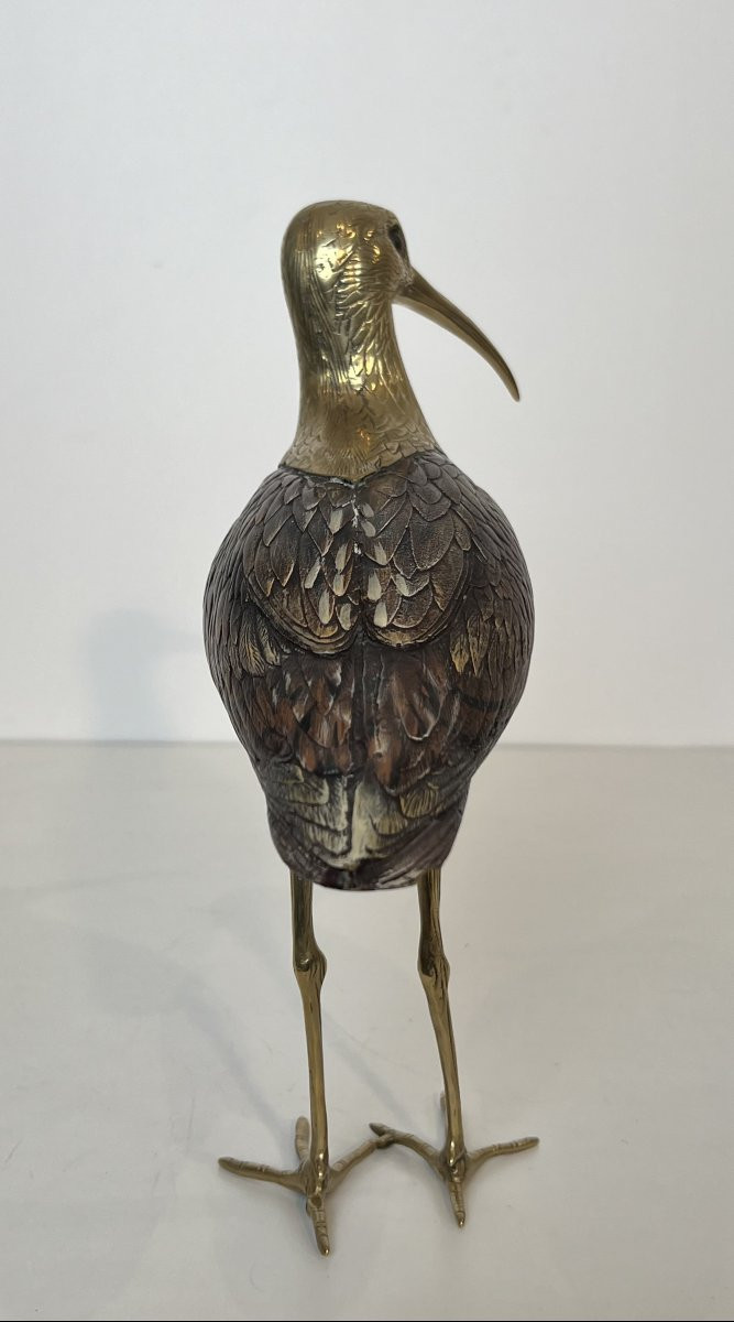 Sculpture Représentant Un Oiseau En Bois Polychrome Et Laiton. Travail Italien Signé. Vers 1970-photo-4