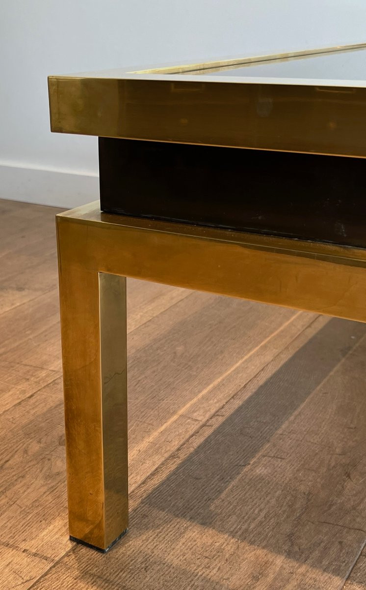Brass Coffee Table With Black Lacquer And Smoked Glass Shelves. French Work By Guy Lefèvre -photo-3
