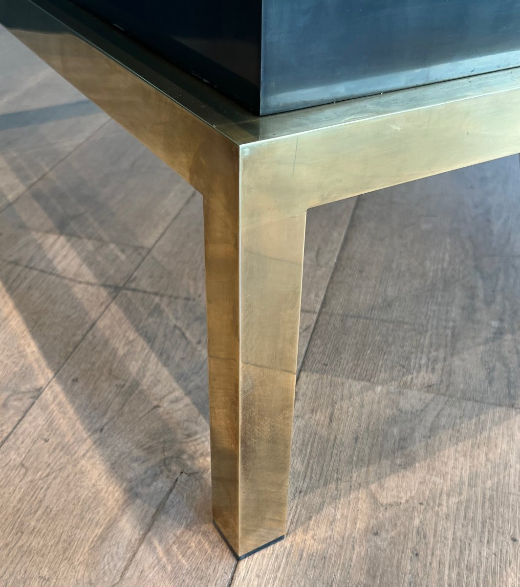 Brass Coffee Table With Black Lacquer And Smoked Glass Shelves. French Work By Guy Lefèvre -photo-7