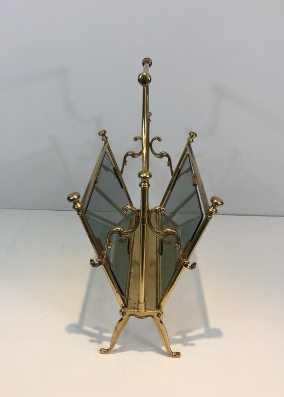 Neoclassical Brass Magazine Rack With Blueish Glass Panels. French. Circa 1960-photo-3