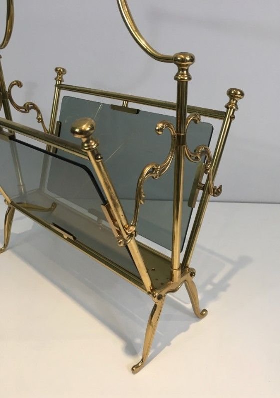 Neoclassical Brass Magazine Rack With Blueish Glass Panels. French. Circa 1960-photo-2