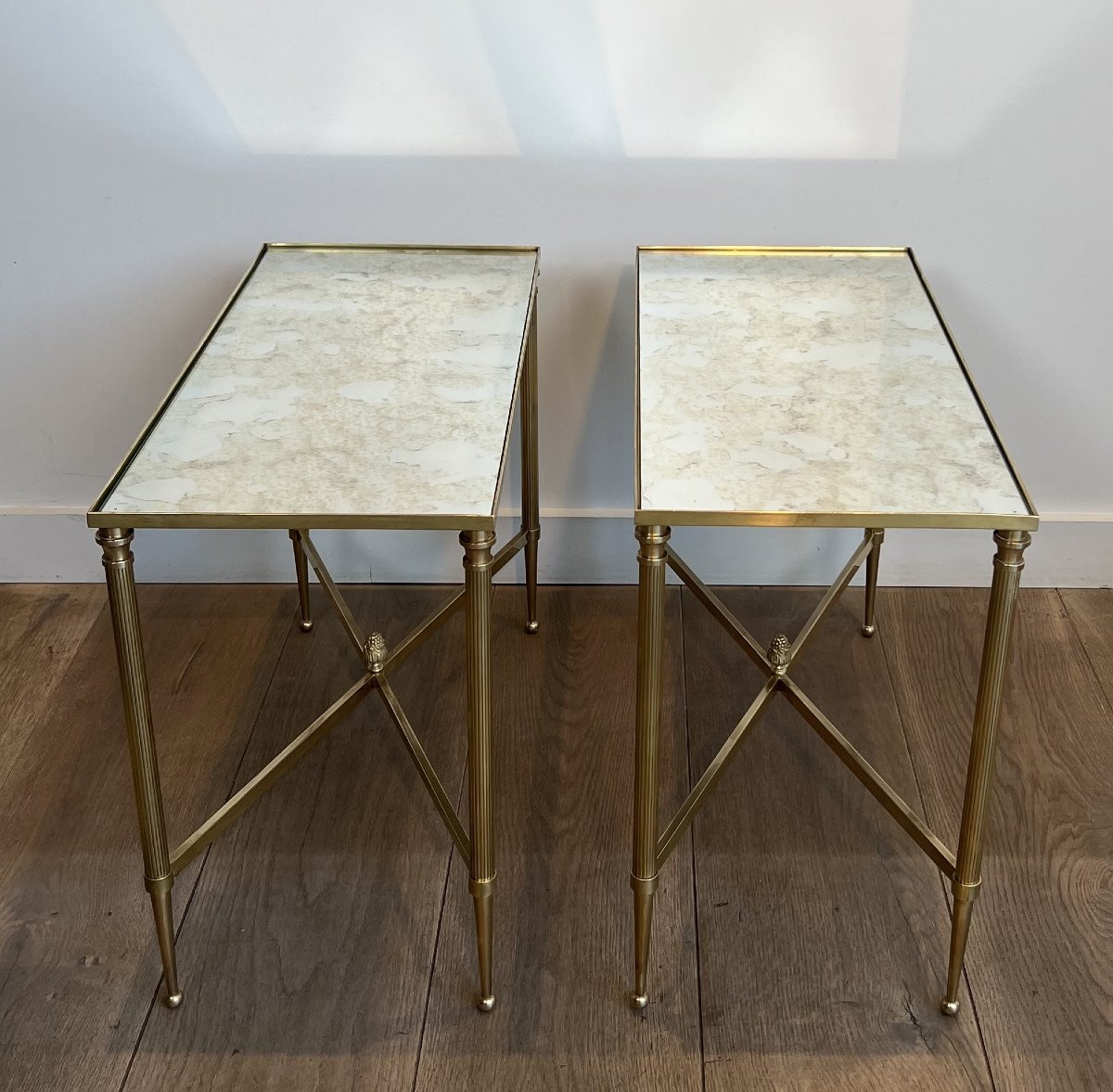 Pair Of Neoclassical Style Brass Side Tables With Oxidized Mirror Tops  By Maison Jansen-photo-3