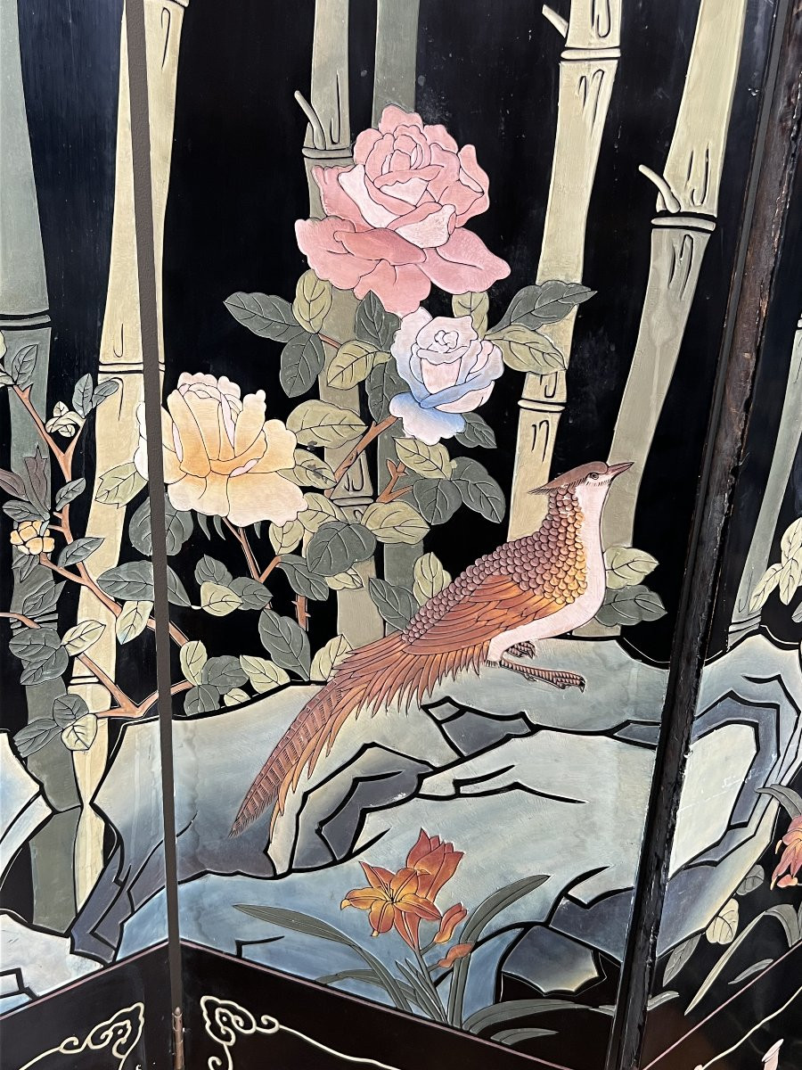 Chinese Lacquer Screen With Bird And Bamboo Decorations. Chinese Work. Circa 1950-photo-4