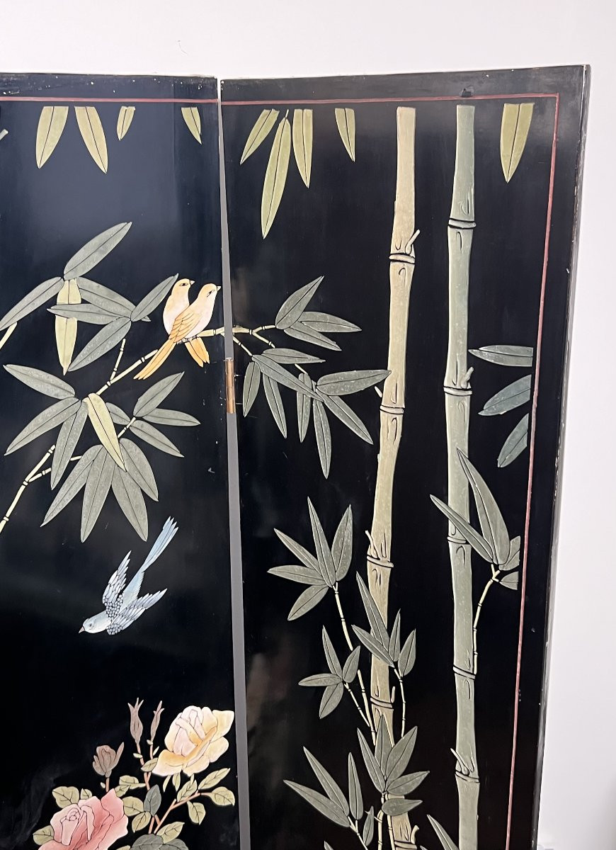 Chinese Lacquer Screen With Bird And Bamboo Decorations. Chinese Work. Circa 1950-photo-6