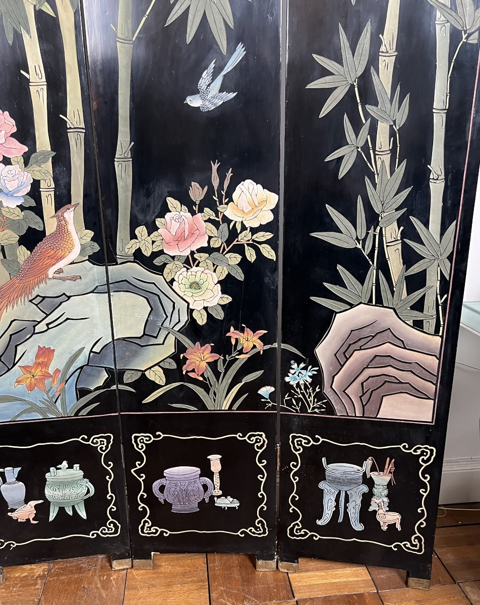 Chinese Lacquer Screen With Bird And Bamboo Decorations. Chinese Work. Circa 1950-photo-7