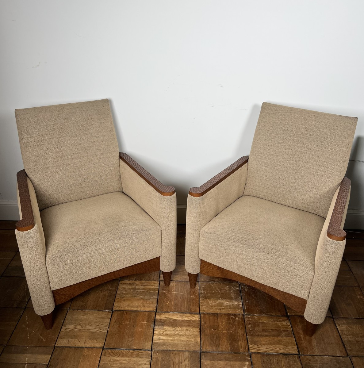 Pair Of Armchairs In Gouged Wood And Mottled Fabric. French Work