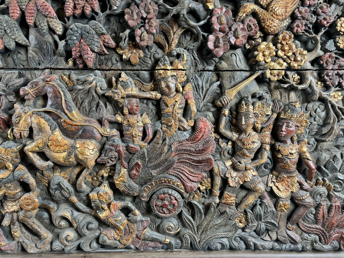 Important Carved Wooden Panel Depicting One Of The Trials Endured By Rama And Sita. Balinese Wo-photo-6