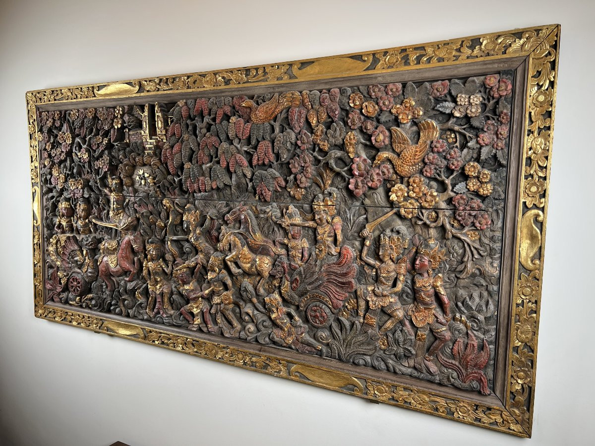 Important Carved Wooden Panel Depicting One Of The Trials Endured By Rama And Sita. Balinese Wo-photo-8