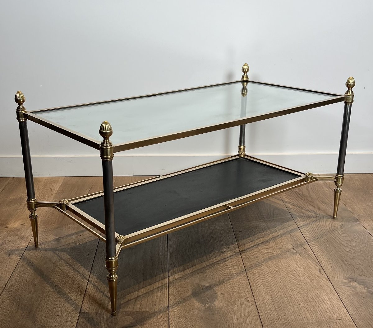 Neoclassical Style Brass Coffee Table With Clear Glass On Top And Red Leather Bottom Shelf.-photo-1