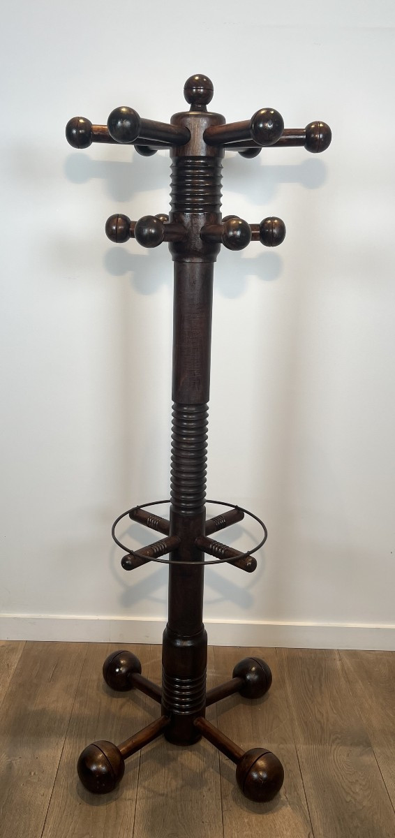Porte-manteaux Brutaliste En Chêne Sculpté. Travail Français De Charles Dudouyt. Vers 1950-photo-3