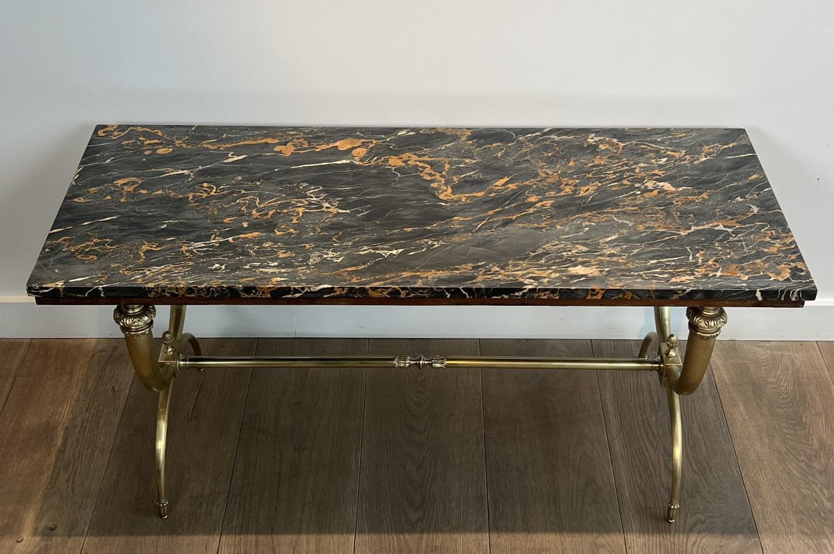 Neoclassical Style Brass Coffee Table With Black And Gilt Marble Top. French Work -photo-4