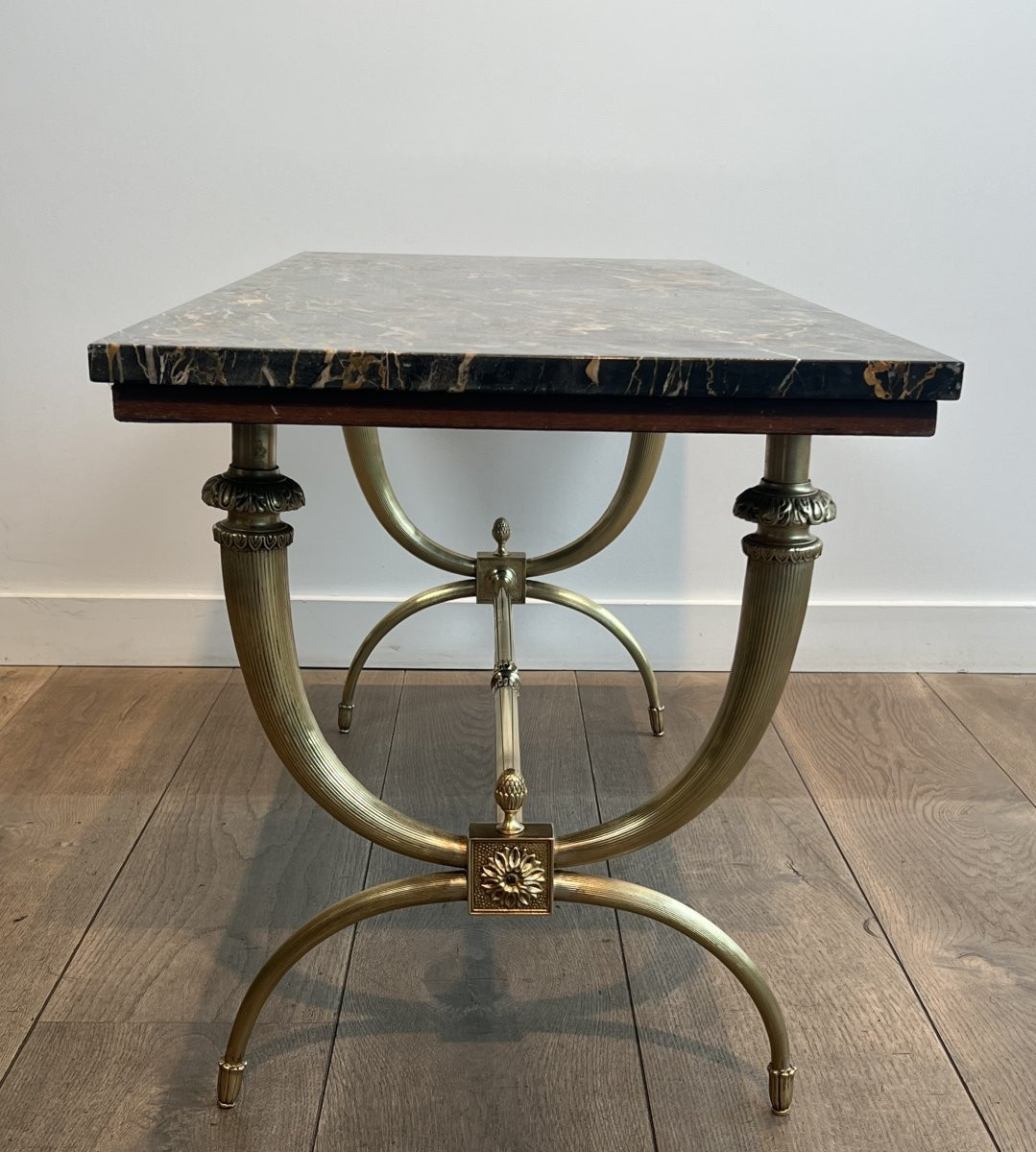 Neoclassical Style Brass Coffee Table With Black And Gilt Marble Top. French Work -photo-1