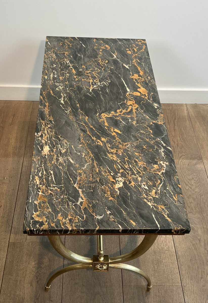 Neoclassical Style Brass Coffee Table With Black And Gilt Marble Top. French Work -photo-2