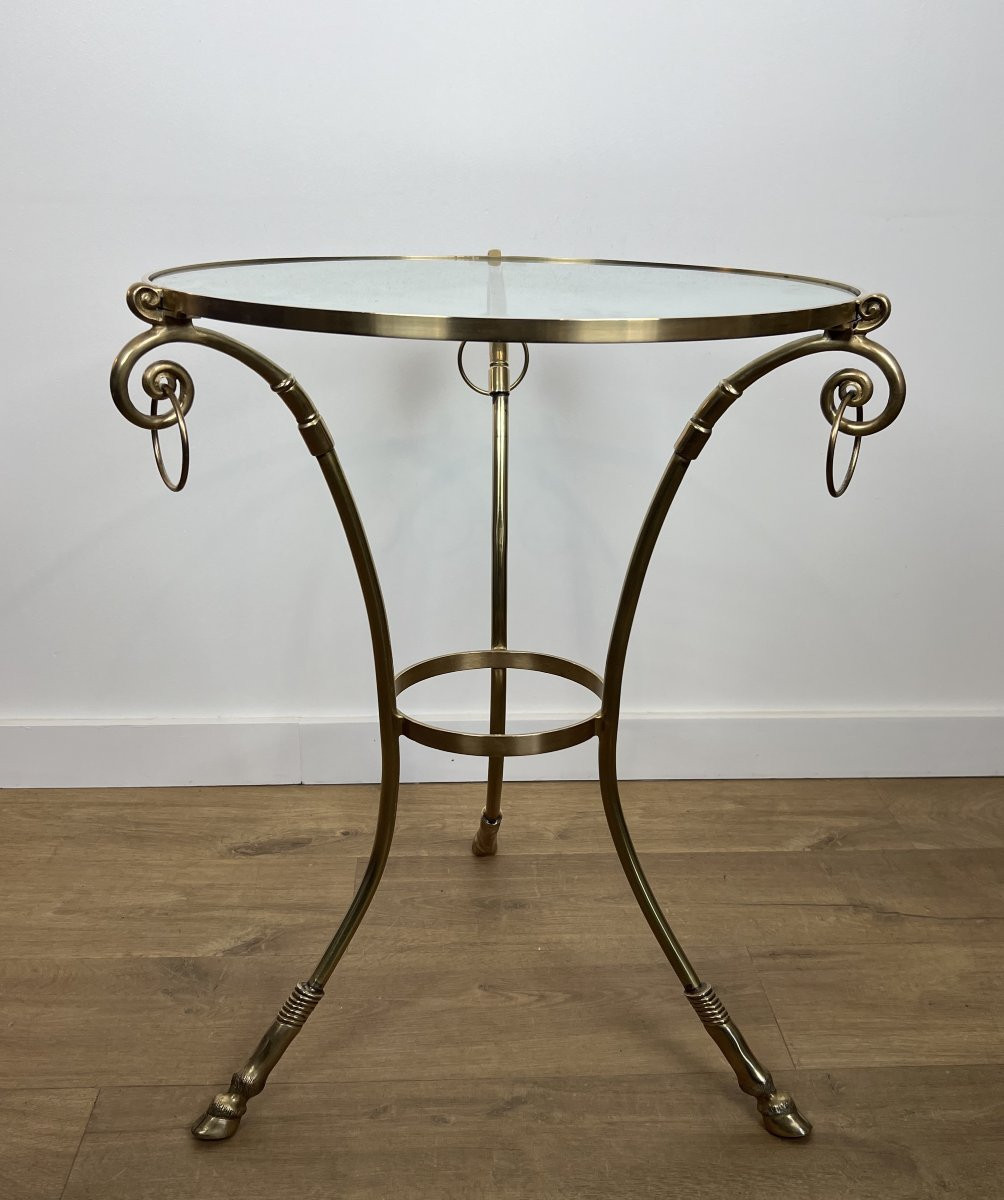 Guéridon tripode de style néoclassique en laiton et plateau de verre de la Maison Jansen-photo-2