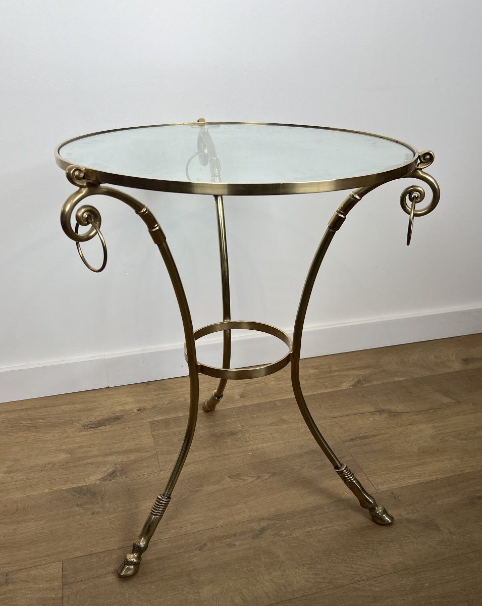 Guéridon tripode de style néoclassique en laiton et plateau de verre de la Maison Jansen-photo-8
