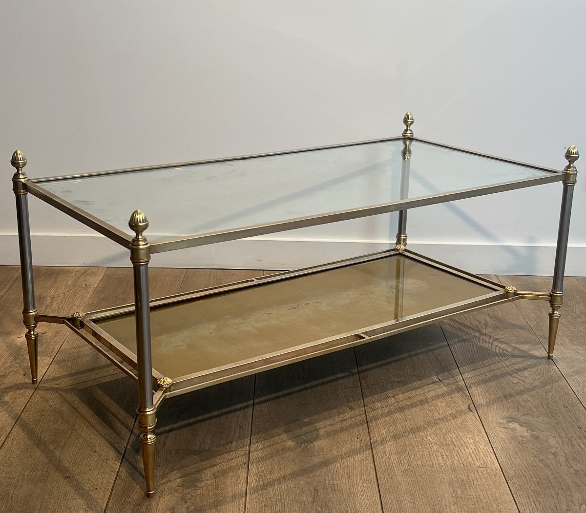 Table Basse de Style Néoclassique en Laiton et Acier Brossé de la Maison Jansen
