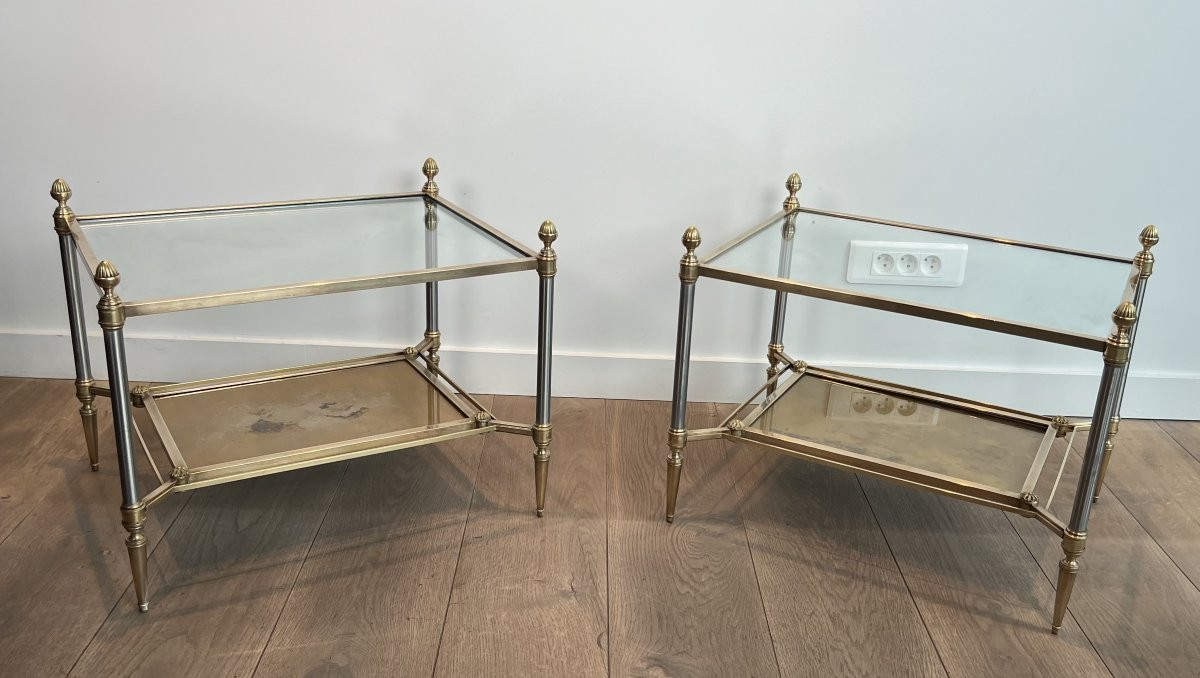 Pair Of Neoclassical Style Steel And Brass Side Tables With Clear Glass Top -photo-2