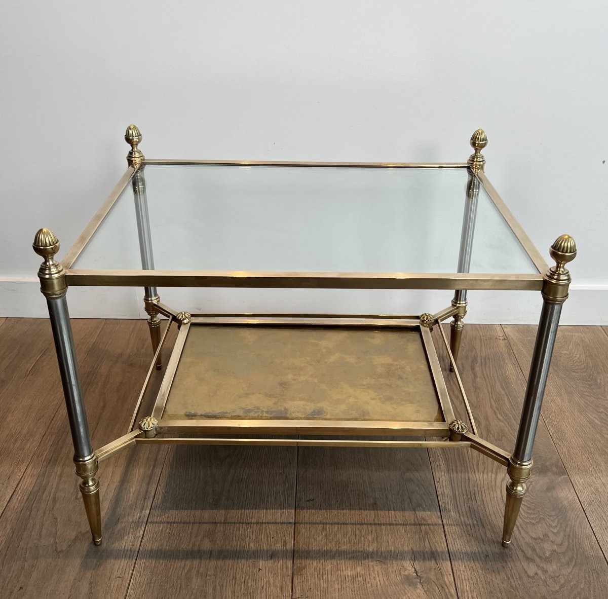 Pair Of Neoclassical Style Steel And Brass Side Tables With Clear Glass Top -photo-2