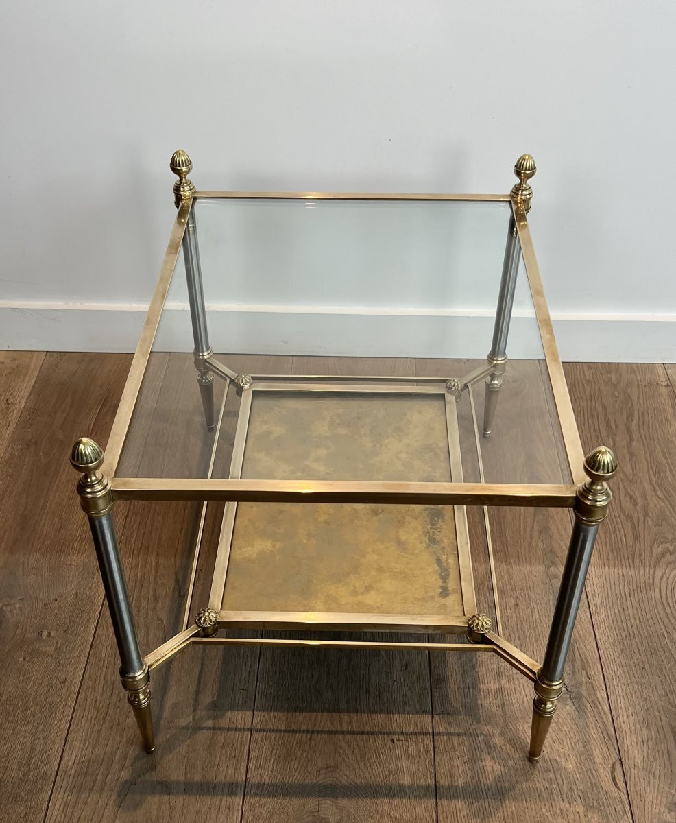 Pair Of Neoclassical Style Steel And Brass Side Tables With Clear Glass Top -photo-3