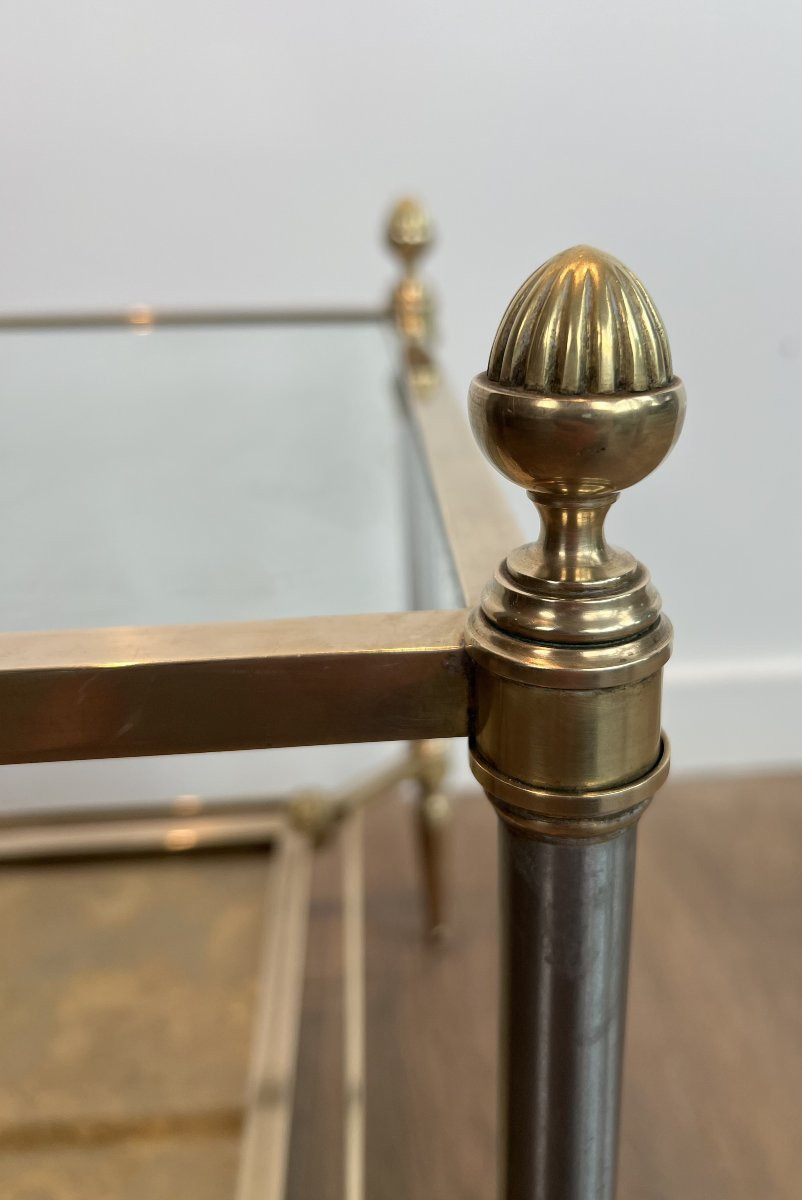 Pair Of Neoclassical Style Steel And Brass Side Tables With Clear Glass Top -photo-4