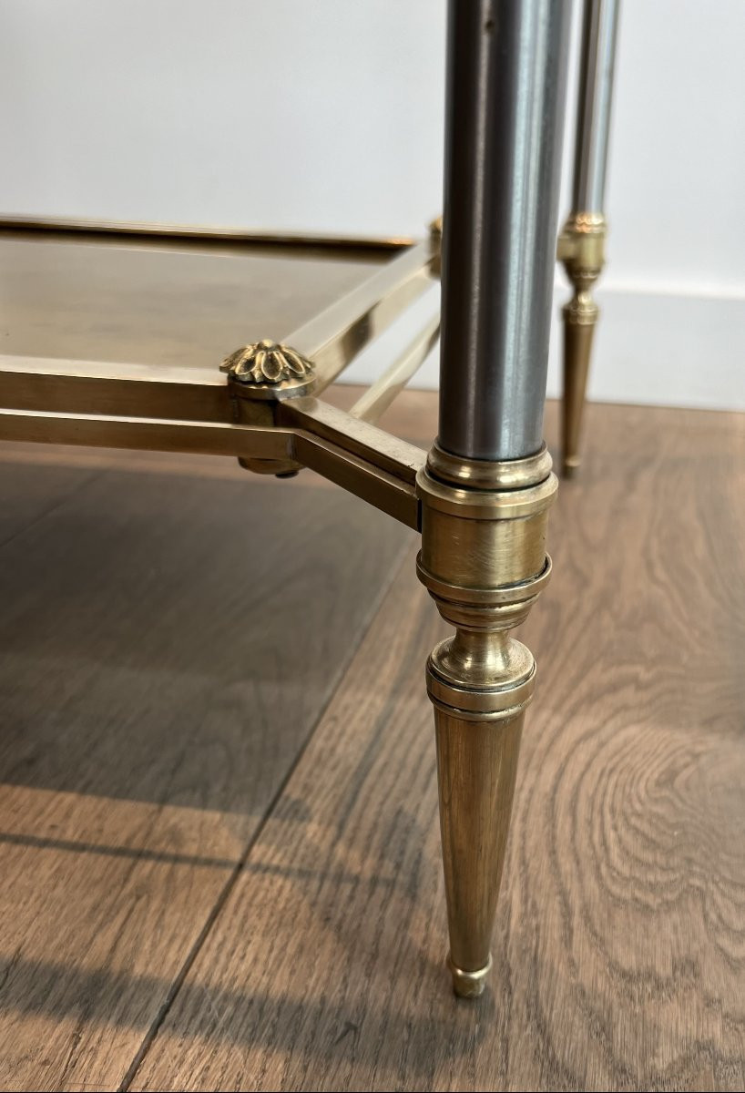 Pair Of Neoclassical Style Steel And Brass Side Tables With Clear Glass Top -photo-6