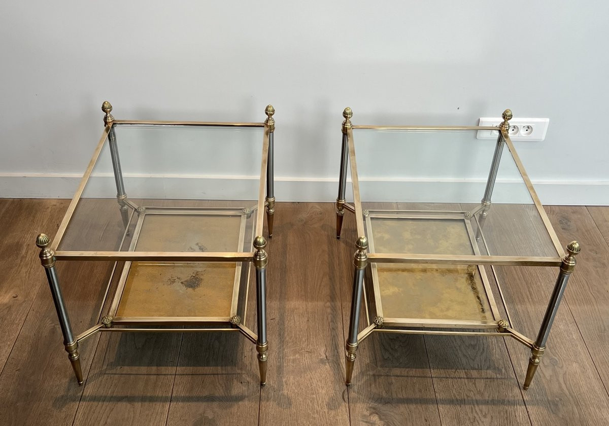 Pair Of Neoclassical Style Steel And Brass Side Tables With Clear Glass Top -photo-7