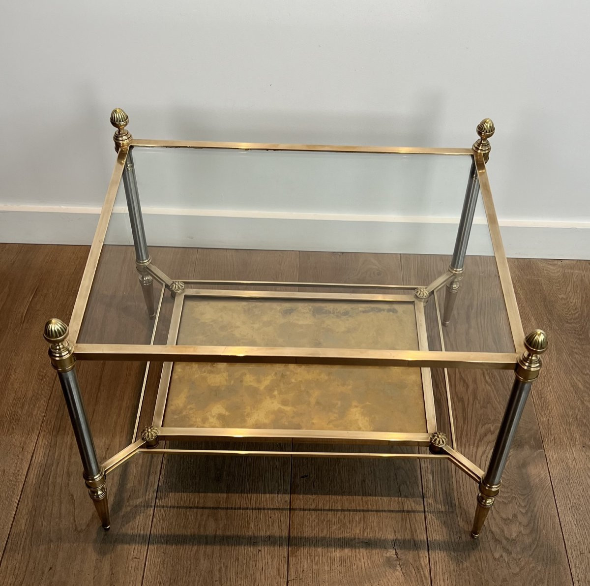 Pair Of Neoclassical Style Steel And Brass Side Tables With Clear Glass Top -photo-8