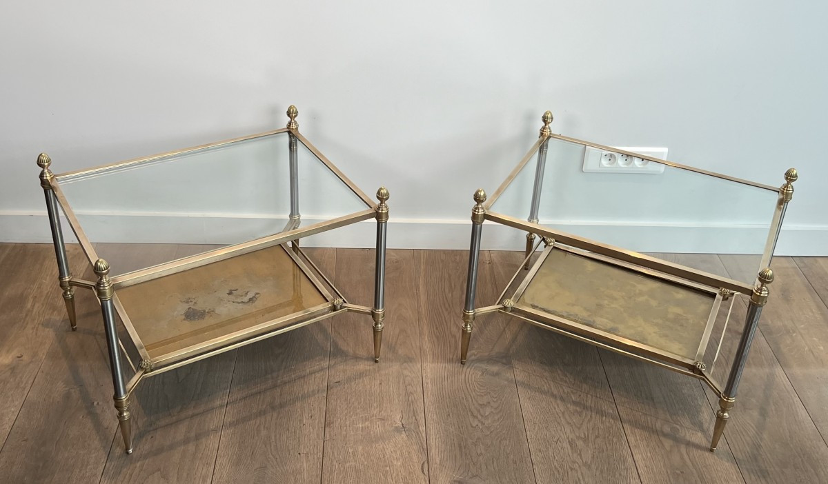 Pair Of Neoclassical Style Steel And Brass Side Tables With Clear Glass Top 