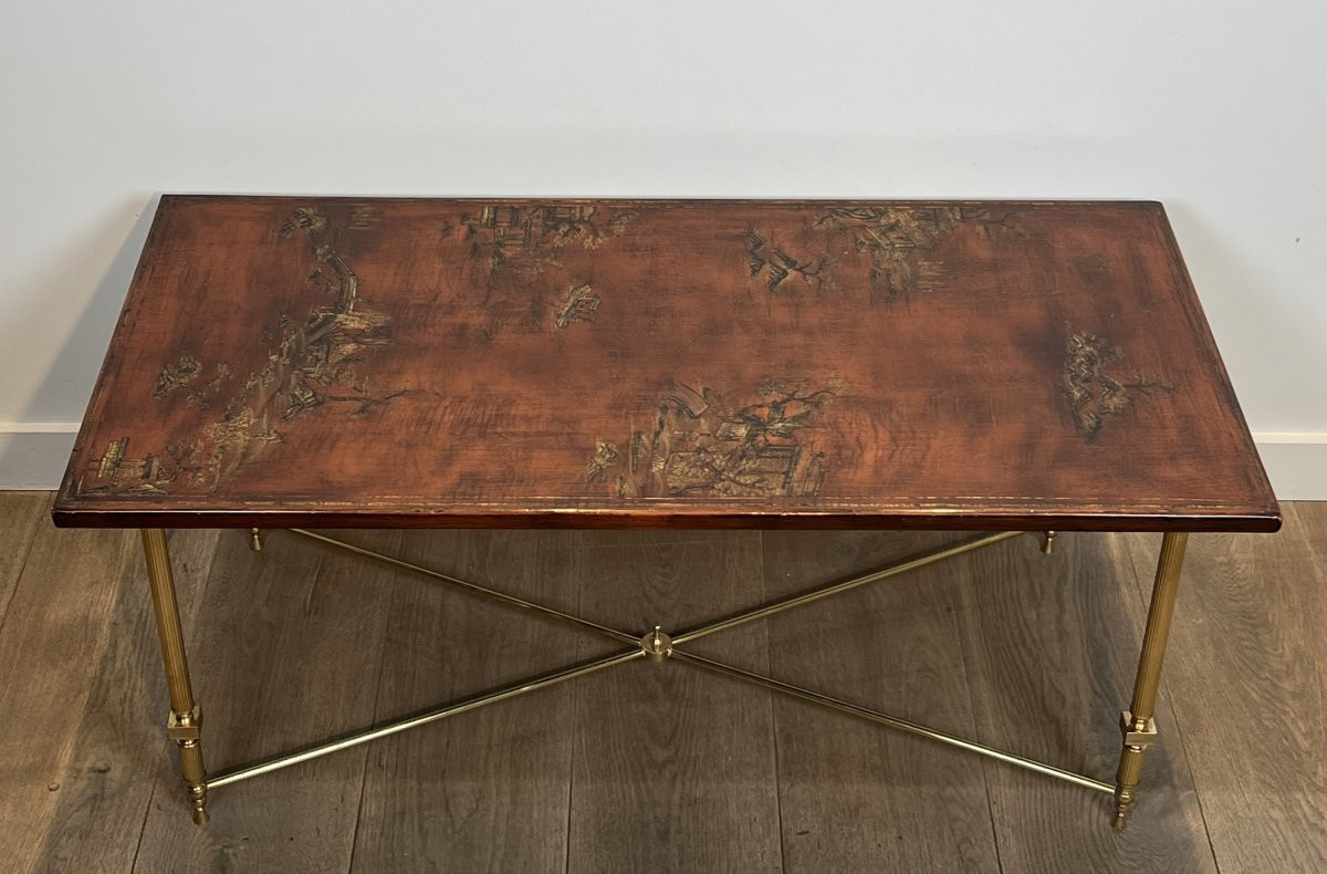 Neoclassical Style Brass Coffee Table With Wooden Lacquered Top Representing Chinese Scenes.-photo-2