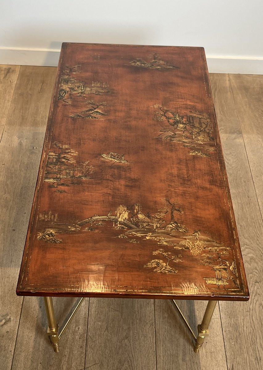 Neoclassical Style Brass Coffee Table With Wooden Lacquered Top Representing Chinese Scenes.-photo-1