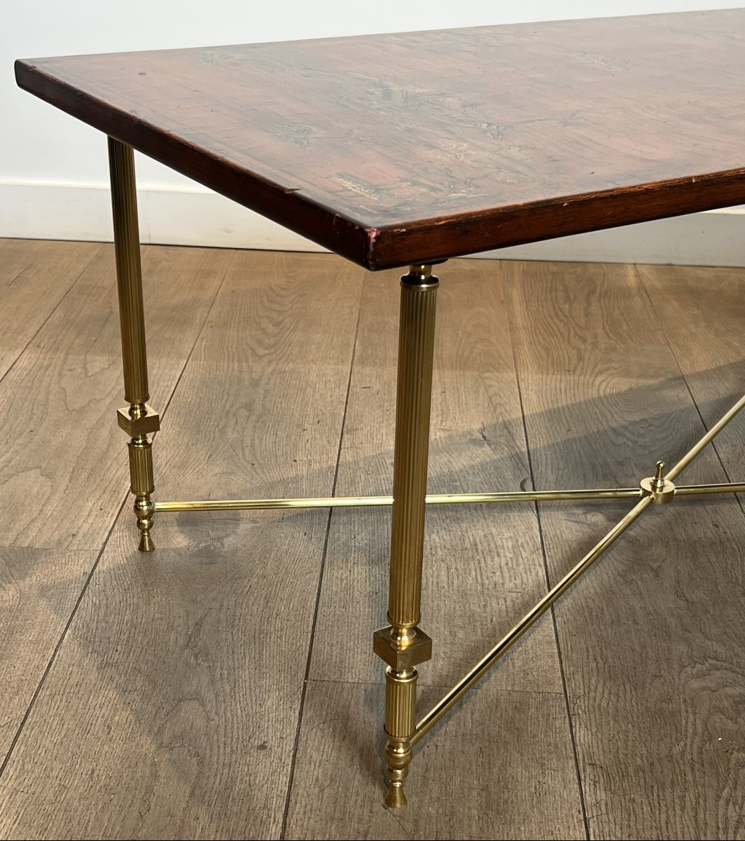 Neoclassical Style Brass Coffee Table With Wooden Lacquered Top Representing Chinese Scenes.-photo-3