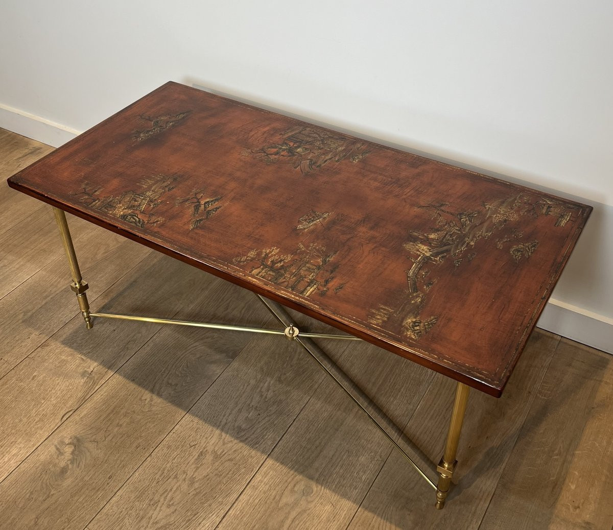 Neoclassical Style Brass Coffee Table With Wooden Lacquered Top Representing Chinese Scenes.-photo-8