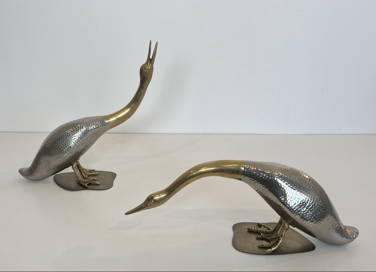 Set Of 2 Silvered And Brass Ducks. French Work. Circa 1970