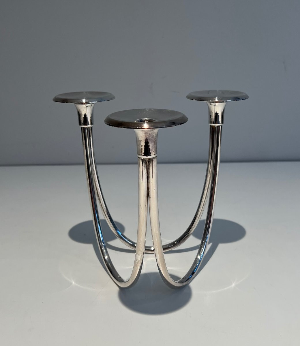 Bougeoir design en métal argenté à 3 bougies. Travail Français. Vers 1970-photo-3