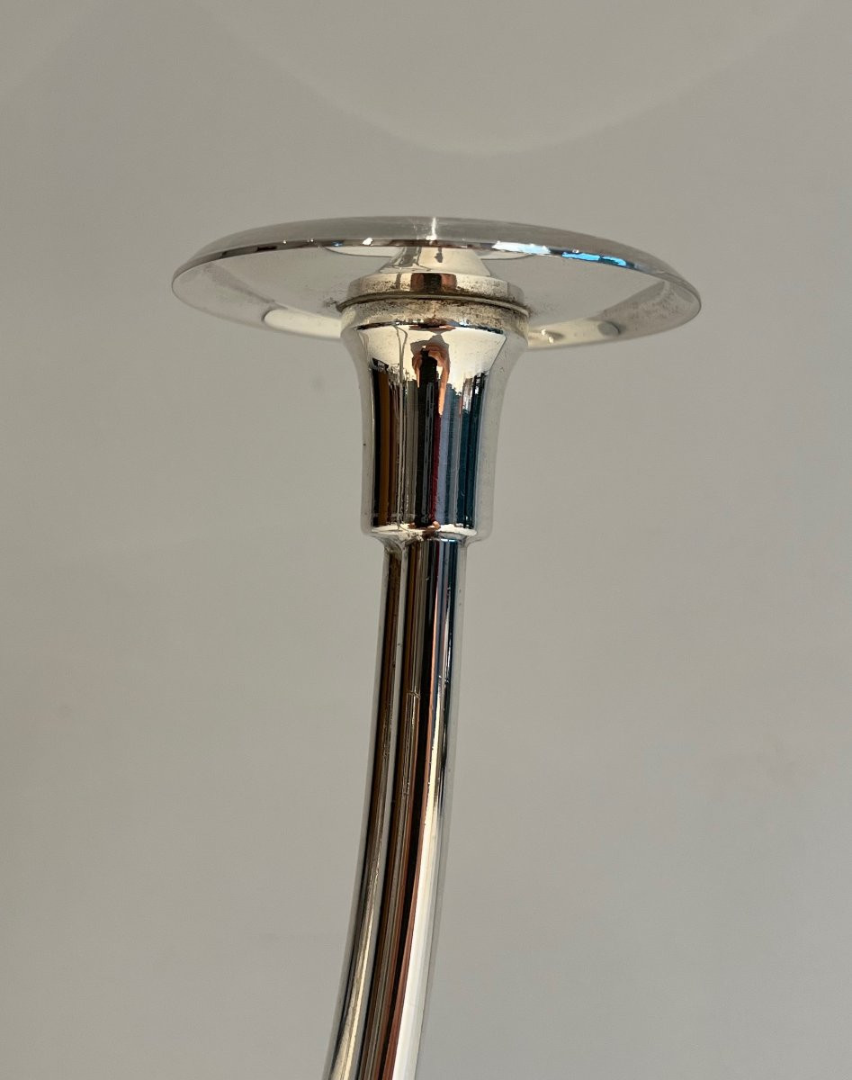 Bougeoir design en métal argenté à 3 bougies. Travail Français. Vers 1970-photo-6