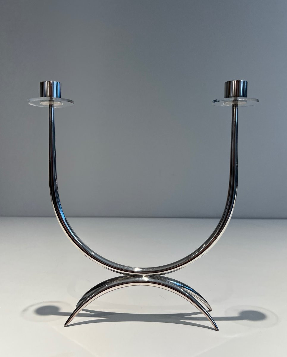 Design Silvered Metal And Lucite Candles Holder With 2 Candles. French Work. Circa 1970-photo-2
