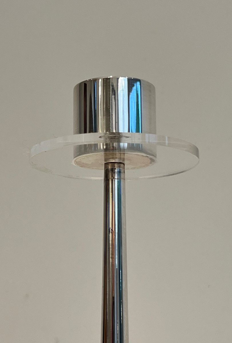 Design Silvered Metal And Lucite Candles Holder With 2 Candles. French Work. Circa 1970-photo-4