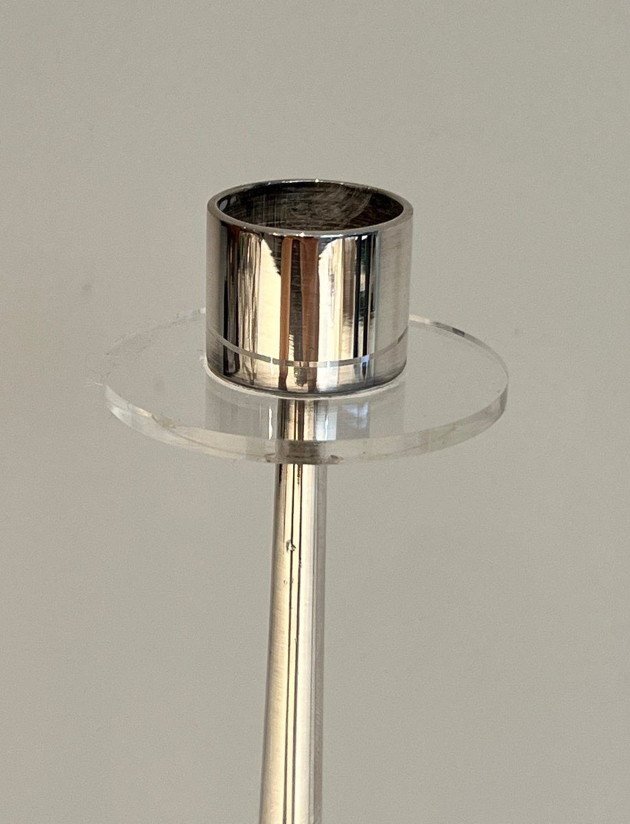 Design Silvered Metal And Lucite Candles Holder With 2 Candles. French Work. Circa 1970-photo-5