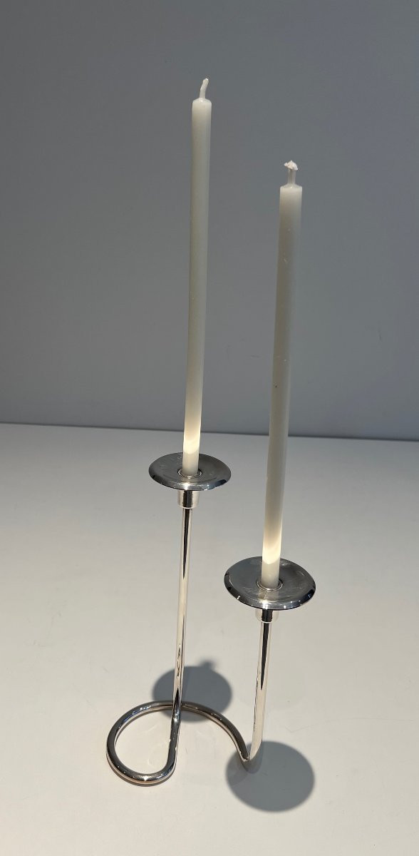 Design Silvered Metal And Lucite Candlestick With 2 Candles. French Work. Circa 1970-photo-4