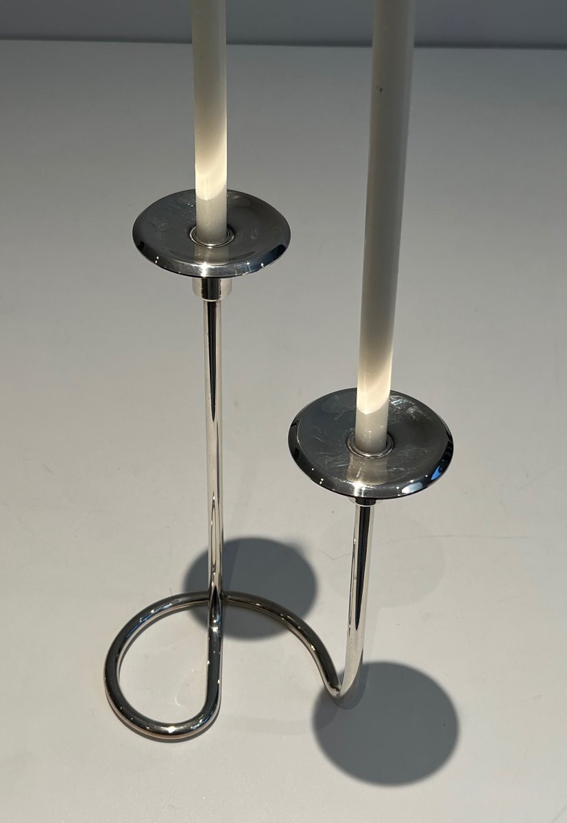 Design Silvered Metal And Lucite Candlestick With 2 Candles. French Work. Circa 1970-photo-1