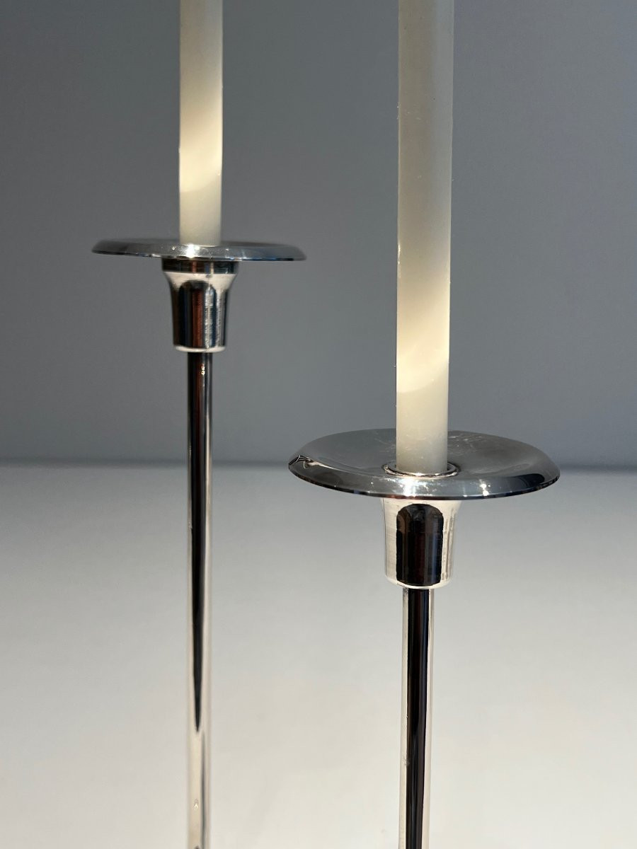 Design Silvered Metal And Lucite Candlestick With 2 Candles. French Work. Circa 1970-photo-2