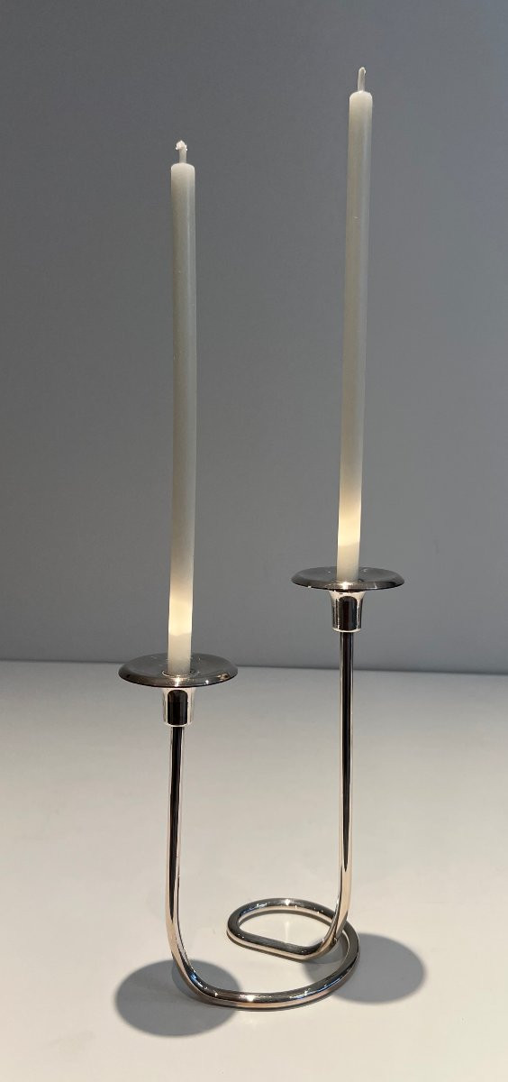 Design Silvered Metal And Lucite Candlestick With 2 Candles. French Work. Circa 1970-photo-8