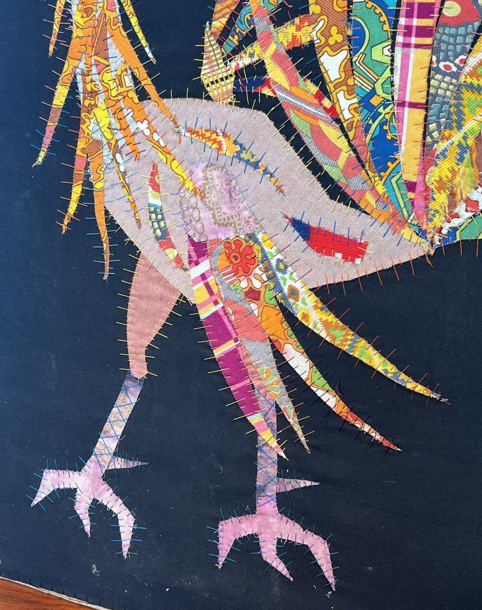 Patckwork Representing A Rooster. French Work Signed Jean Joseph. Circa 1970-photo-2