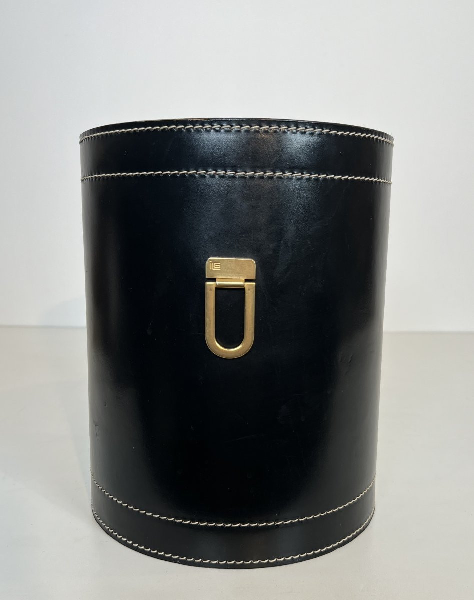 Black Leather And Brass Waste Paper Basket. French Work In The Style Of Jacques Adnet. -photo-1