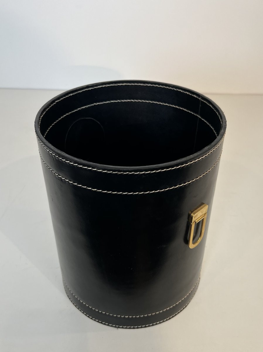 Black Leather And Brass Waste Paper Basket. French Work In The Style Of Jacques Adnet. -photo-8