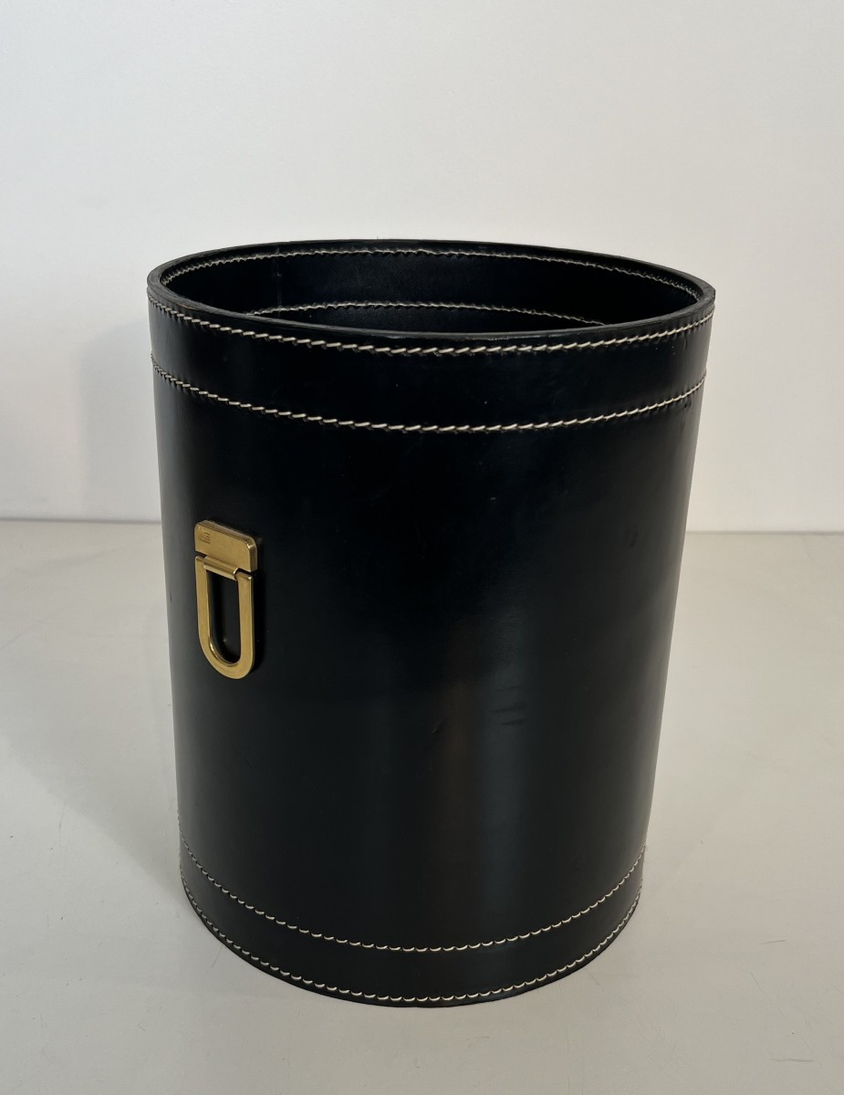 Black Leather And Brass Waste Paper Basket. French Work In The Style Of Jacques Adnet. 