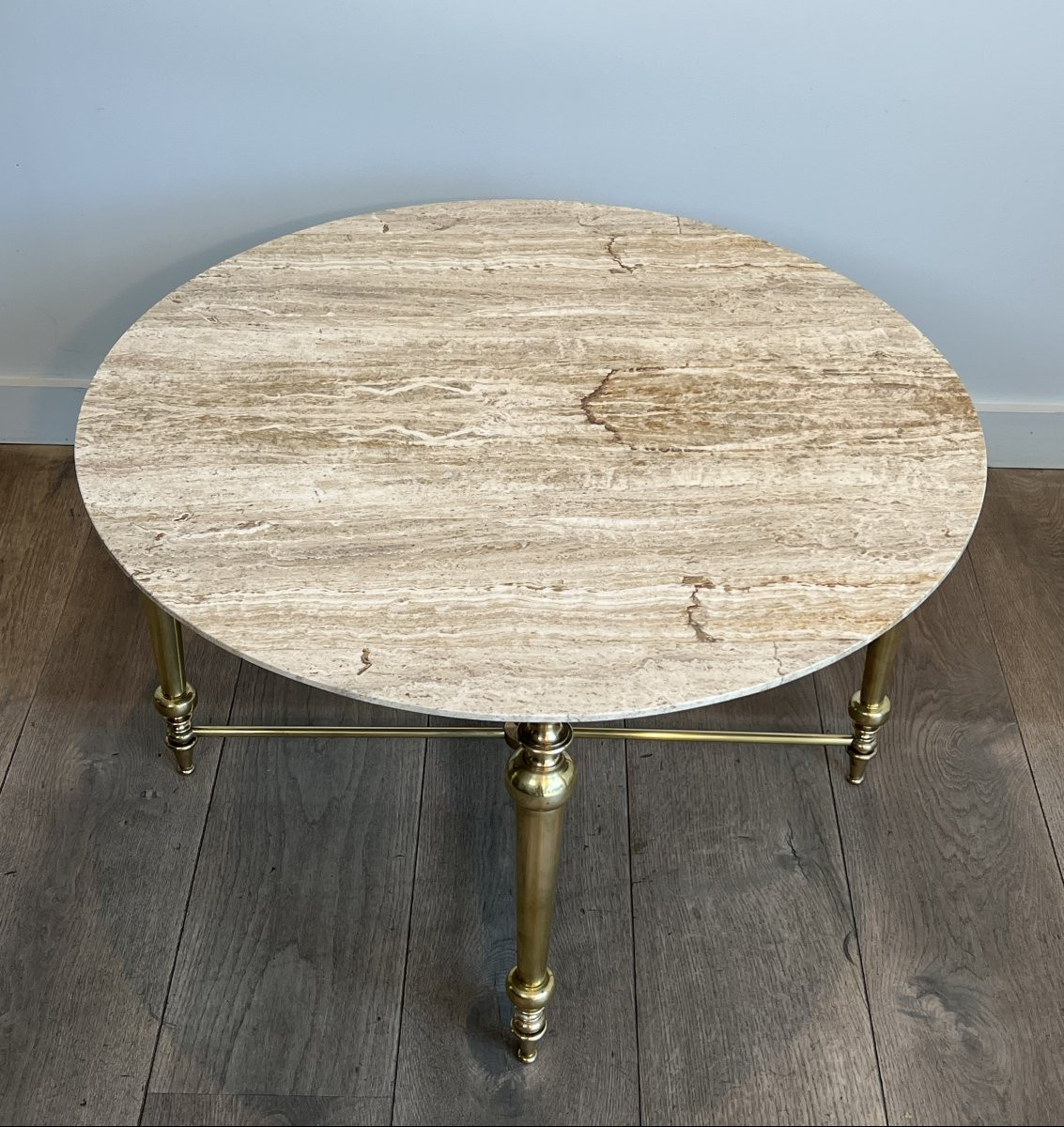 Brass Coffee Table With White Marble Top. French Work In The Style Of Maison Ramsay. Circa 1970-photo-1