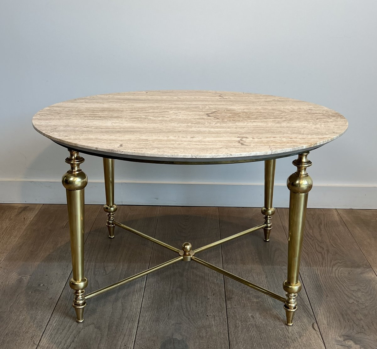Brass Coffee Table With White Marble Top. French Work In The Style Of Maison Ramsay. Circa 1970-photo-8